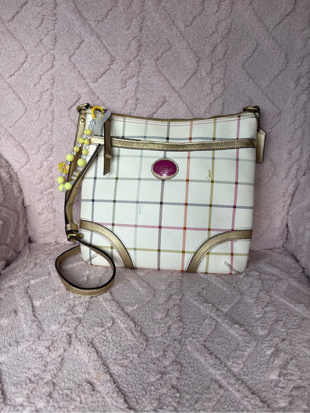 Coach Cream Plaid Crossbody with Multicolor Accents and Gold Trim